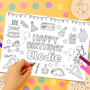 Personalised Kids Birthday Party Coloring Placemat – Printable Colouring Activity – Editable Custom Name Colouring Sheet Digital Download