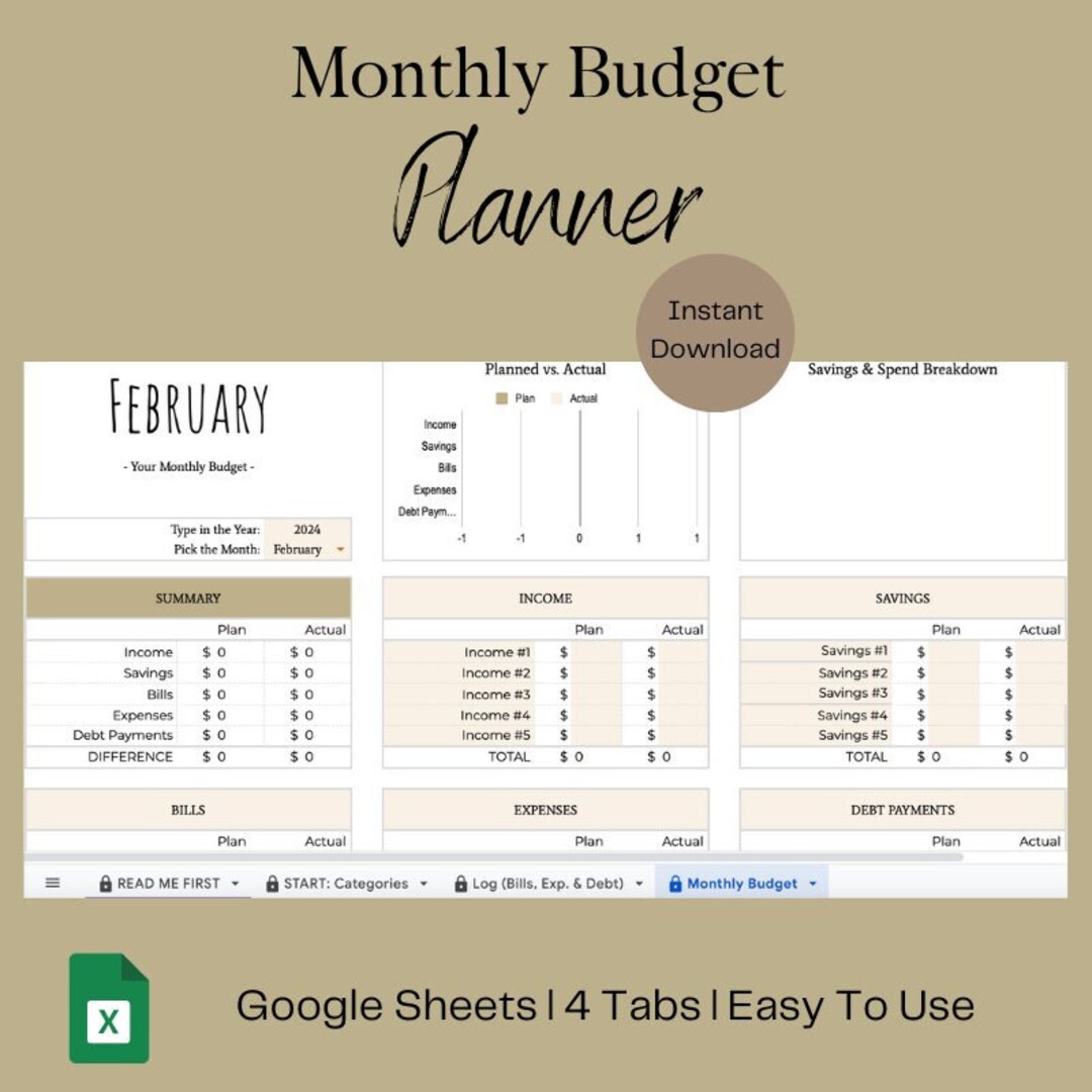 Monthly Budget Planner Google Sheets Spreadsheet - Etsy