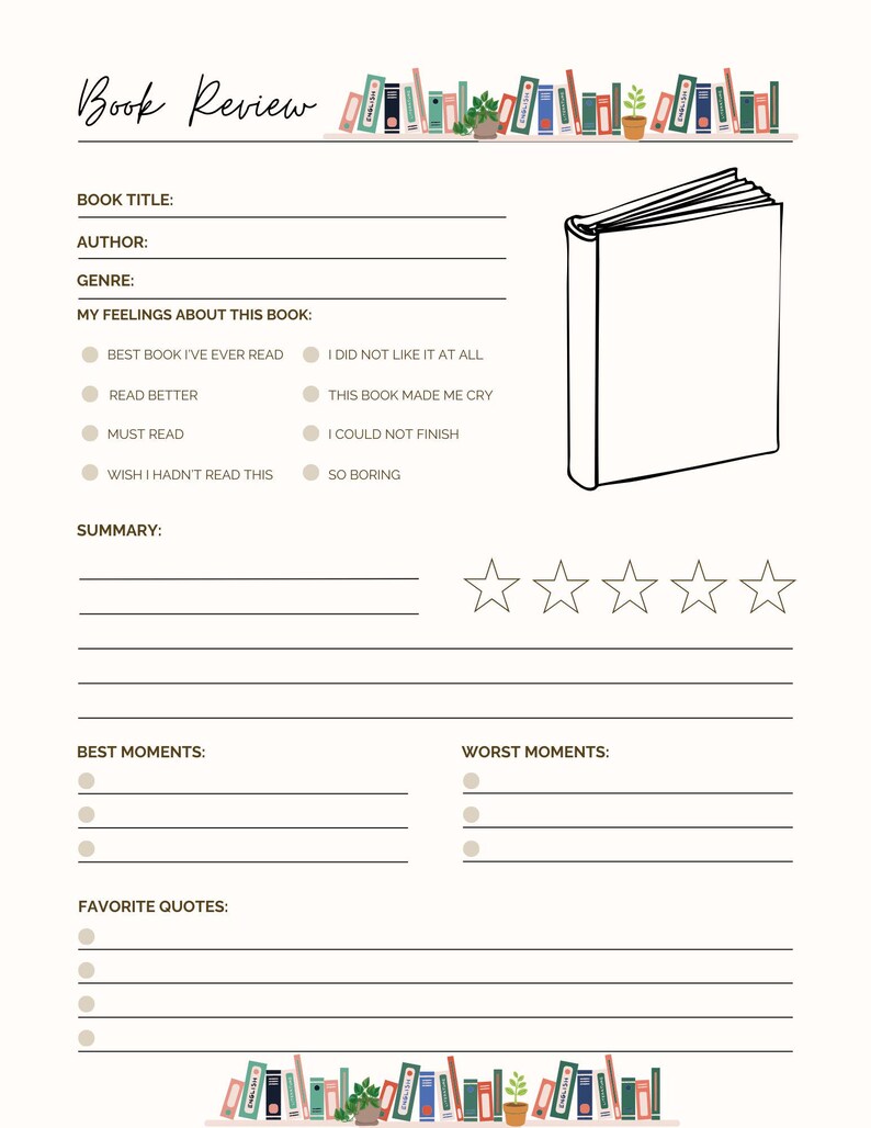Printable Book Review Template: Reading Tracker & Journal (digital ...