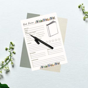 May include: A printable book review template with a black and white design. The template includes sections for book title, author, genre, my feelings about this book, summary, best moments, worst moments, and favorite quotes. The template also includes a section for rating the book with five stars.