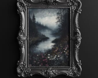 Dark Misty Riverbank Art Print, Dark Art Print, Moody Art Print, Dark Wildflower Wall Art, Dark Cottagecore, Gothic Decor, Digital Download