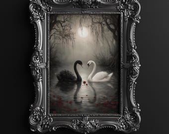 Dark Romantic Swans Art Print, Dark Art Print, Moody Art Print, Gothic Cottagecore Wall Art, Moody Nature Decor, Digital Download