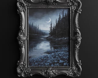 Moonlit River at Night Art Print, Dark Florals, Floral Landscape, Dark Cottagecore, Dark Landscape, Digital Download