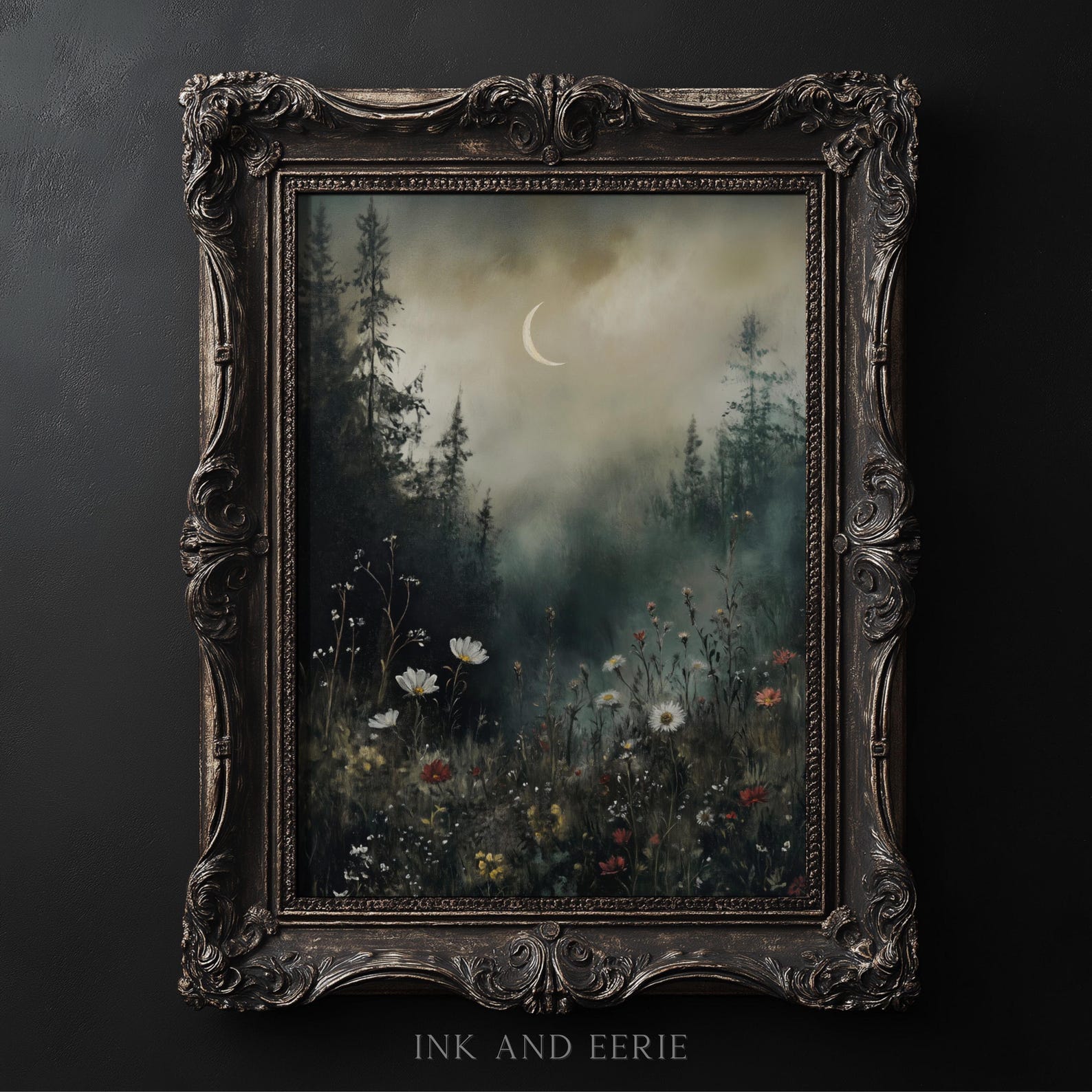 Dark Moody Flower Field Art Print, Dark Cottagecore Art, Dark ...