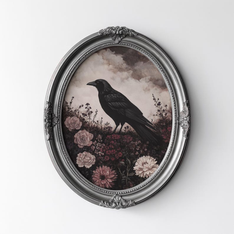 Lámina artística floral Cuervo Oscuro, Lámina artística sombría, Lámina artística oscura, Lámina artística gótica, Arte botánico oscuro, Arte cottagecore oscuro, Descarga digital imagen 14