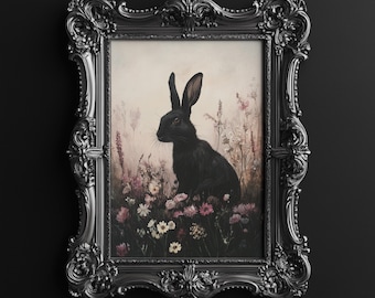Lámina artística de conejo negro en un prado, lámina artística oscura, arte mural estilo cottagecore oscuro, lámina artística melancólica, decoración de naturaleza melancólica, descarga digital