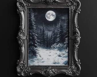 Moonlit Snowy Forest Art Print, Celestial Moon, Moody Wall Art, Dark Landscape Decor, Winter Forest Wall Art, Digital Download