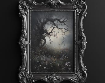 Twisted Branches and Foggy Blooms Print, Gothic Art Print, Moody Art Print, Dark Cottagecore, Dark Gothic Landscape, Digital Download