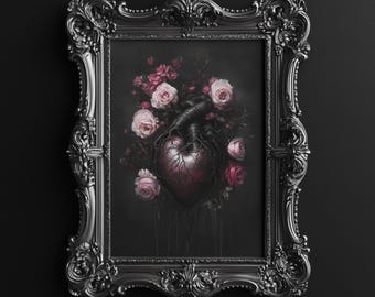 Gothic Heart Bloom Print, Dark Art Print, Moody Art Print, Dark Academia Wall Art, Dark Florals, Dark Botanical Art, Digital Download