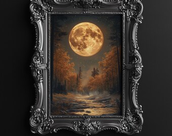 Harvest Moon Autumn Art Print, Dark Art Print, Moody Art Print, Moon Art Print, Dark Forest Decor, Moody Autumn Art, Digital Download