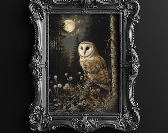 Lámina artística de búho a la luz de la luna, lámina artística melancólica, lámina artística oscura, decoración cottagecore oscura, arte mural de naturaleza melancólica, descarga digital