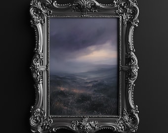 Foggy Moorland at Dawn, Moody Art Print, Moody Landscape Wall Art, Dark Cottagecore, Dark Landscape Decor, Digital Download