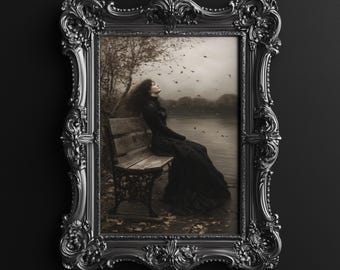 Gothic Victorian Woman Art Print, Dark Art Print, Moody Art Print, Dark Victorian Decor, Dark Cottagecore Wall Art, Digital Download