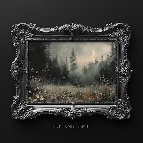 Dark Moody Flower Field Art Print, Dark Wildflower, Dark Cottagecore Print, Moody Art Print, Moody Landscape, Field Art, Digital Download