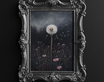 Dark Dandelion Art Print, Dark Art Print, Moody Art Print, Dark Cottagecore Decor, Dark Moody Wall Art, Gothic Floral Art, Digital Download