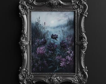Moonlight Wildflower Art Print, Dark Art Print, Moody Art Print, Gothic Cottagecore Wall Art, Dark Botanical Decor, Digital Download