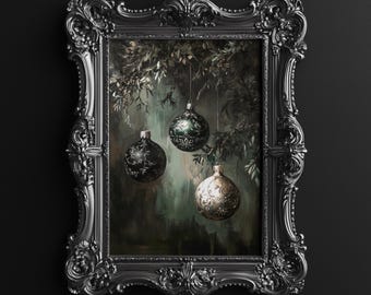 Moody Christmas Ornaments Art Print, Xmas Print, Moody Still Life Print, Dark Christmas, Xmas Tree Bulbs, Digital Download