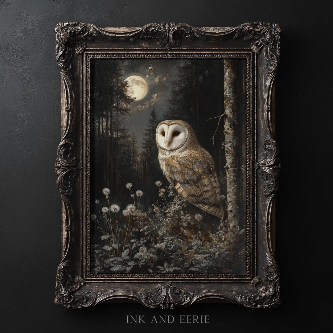 Dark Academia Owl Oil Painting, Moody Art Print, Dark Cottagecore Decor