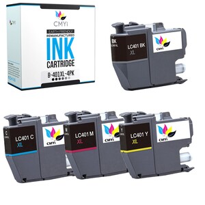 May include: A pack of four ink cartridges for printers. The cartridges are labeled with the colors black, cyan, magenta, and yellow. The cartridges are labeled "LC401 XL" and are compatible with Brother printers.