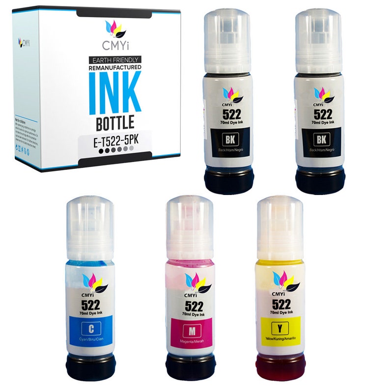 Botellas de tinta de repuesto compatibles con CMYi Epson 522 para EcoTank et-2400 et-2720 et-2800 et-2803 et-2840 et-4700 et-4800 et-4810 2 BK + 1 C + 1 M + 1 Y