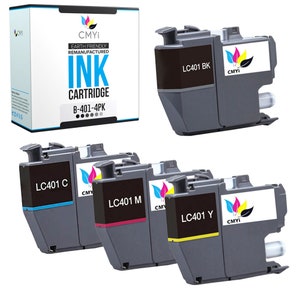 May include: A set of CMYi ink cartridges, including black, cyan, magenta, and yellow, with the text "INK CARTRIDGE B-401-4PK." The cartridges are gray with colored labels and are packaged in a white box.