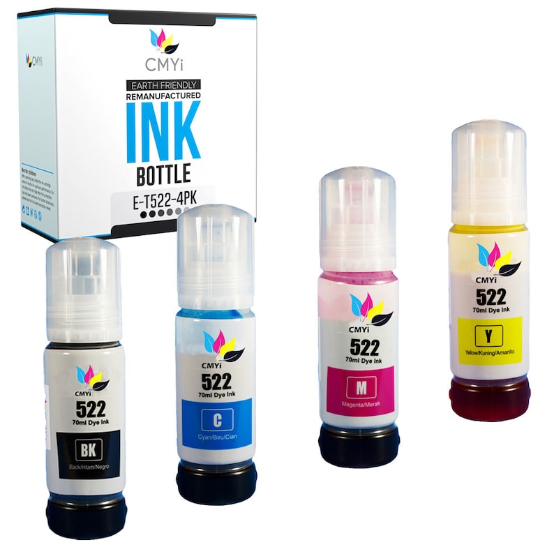 Botellas de tinta de repuesto compatibles con CMYi Epson 522 para EcoTank et-2400 et-2720 et-2800 et-2803 et-2840 et-4700 et-4800 et-4810 1 BK + 1 C + 1 M + 1 Y