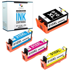 May include: A set of four HP 910XL ink cartridges, one black, one cyan, one magenta, and one yellow. The cartridges are in their individual packaging, with the brand name CMYi and the text "EARTH FRIENDLY REMANUFACTURED INK CARTRIDGE HP-910XL-4PK" on the box.