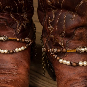 Brass and Copper with Pearls Adjustable Western Cowboy Boot Jewelry with Tiger's Eye image 3