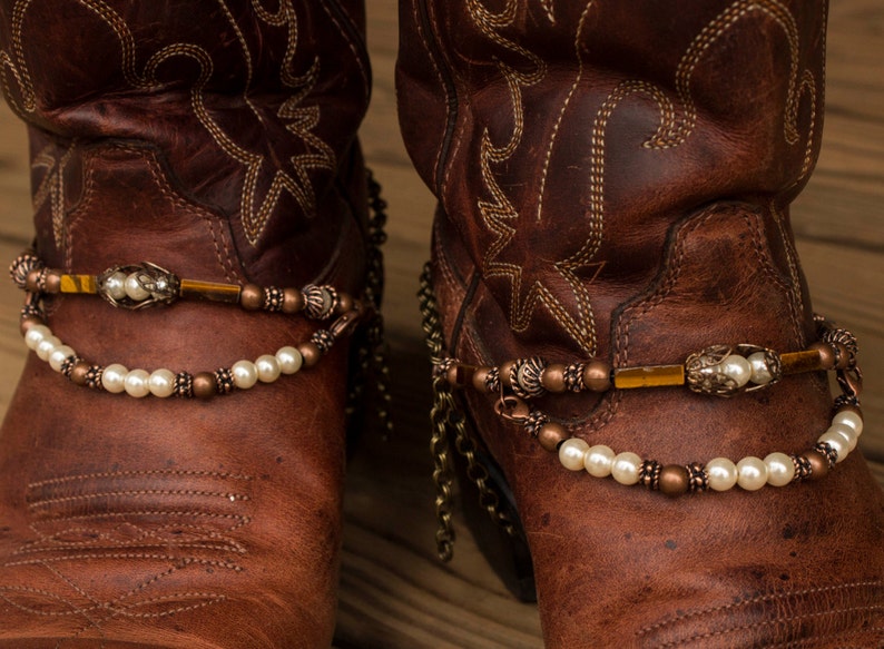 Brass and Copper with Pearls Adjustable Western Cowboy Boot Jewelry with Tiger's Eye image 3