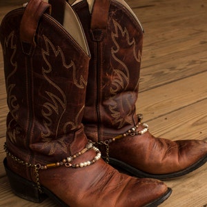 Brass and Copper with Pearls Adjustable Western Cowboy Boot Jewelry with Tiger's Eye image 2