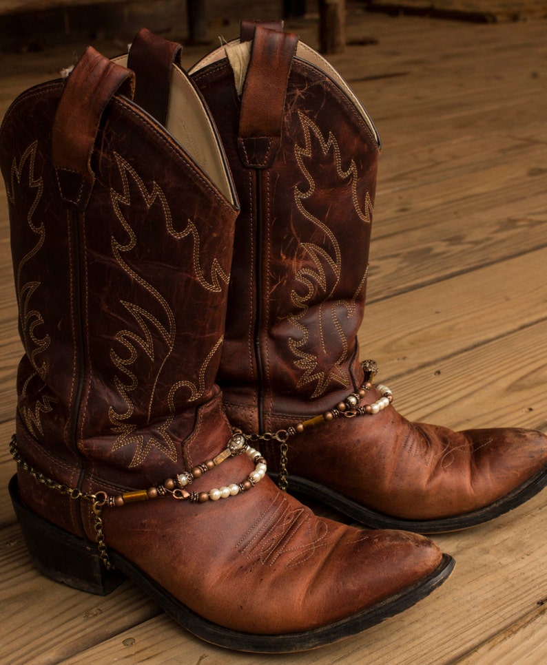 Brass and Copper with Pearls Adjustable Western Cowboy Boot Jewelry with Tiger's Eye image 2