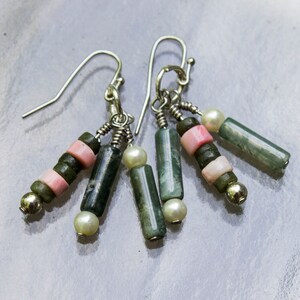 Agate and Pink Heishi Chandelier Earrings