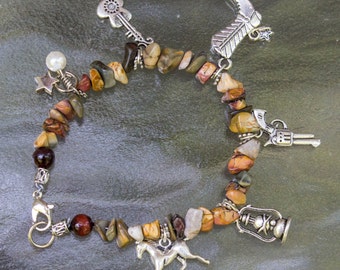 Cowboy Bracelet with Red Creek Jasper Nuggets and Pewter Cowboy Charms
