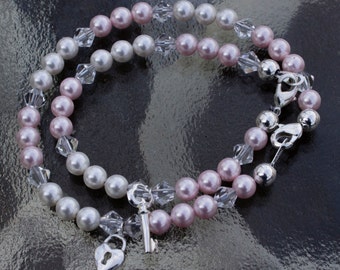 Key to My Heart Mother&Daughter Pearl and Crystal Bracelet Set