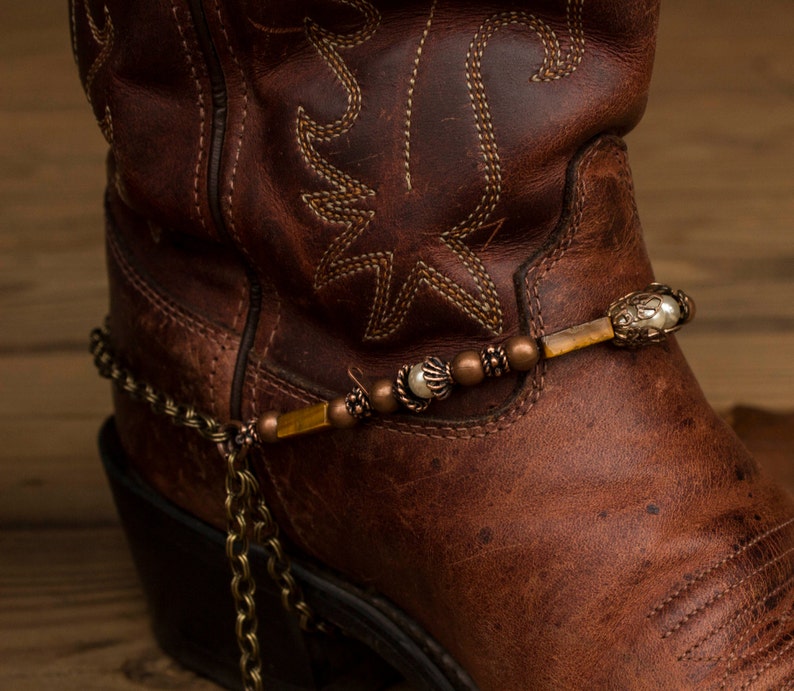 Brass and Copper with Pearls Adjustable Western Cowboy Boot Jewelry with Tiger's Eye image 5