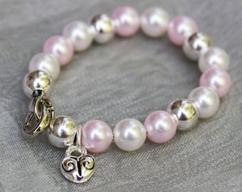 Infant Girl Birth Bracelet with Swarovski Crystal Pearls and Sterling Heart Charm