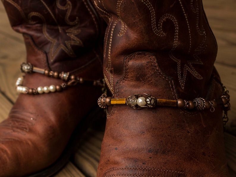 Brass and Copper with Pearls Adjustable Western Cowboy Boot Jewelry with Tiger's Eye image 4