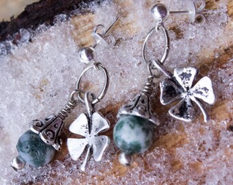 Genuine Moss Agate Gemstone  Irish Shamrock Dangle Earrings