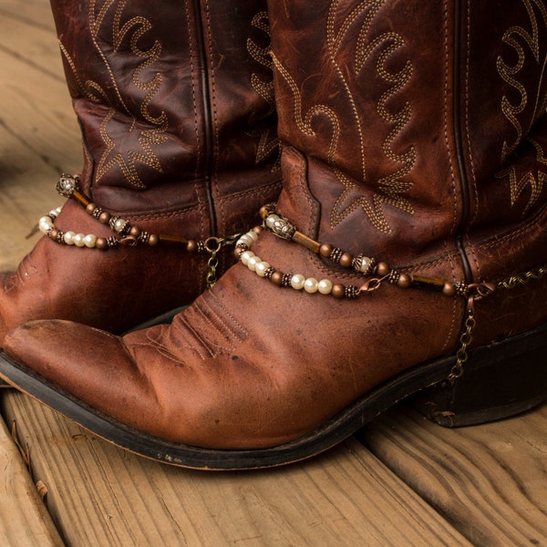 Brass and Copper with Pearls Adjustable Western Cowboy Boot Jewelry with Tiger's Eye