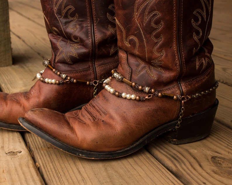 Brass and Copper with Pearls Adjustable Western Cowboy Boot Jewelry with Tiger's Eye image 1