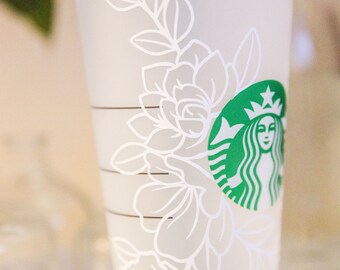 Floral and Butterfly Starbucks Tumbler | Starbucks Reusable Venti Cup | White Floral Vinyl decal | Pink and White Vinyl decal