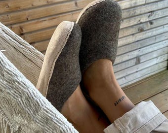 Felt slipper (Merino wool), leather sole, handcrafted in Nepal, fair trade,