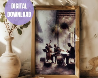 Jazzprint - Dark & Moody New Orleans Jazz Art, Bourbon Street jazz schilderij - French Quarter muziekscène muur decor, New Orleans jazz