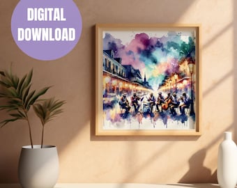 Levendige New Orleans Jazz Band aquarel print, kleurrijke straatmuziekscene, jazz kunst muur decor, cadeau voor muziekliefhebbers, digitale jazz print