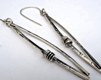 Norwegian Woods Long Silver Dangle Earrings Original Design Pine needle earrings Evitts Creek Lois McManus