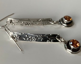 Long Dangle Sterling Silver Earrings with Vine and Flower Embossed Pattern and Warm Pumpkin Color cz