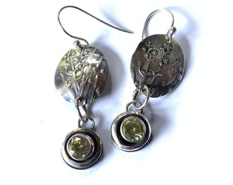 Flower Earrings, Flower Vine,Embossed Silver and CZ, Art Nouveau Style, Pale Green CZ