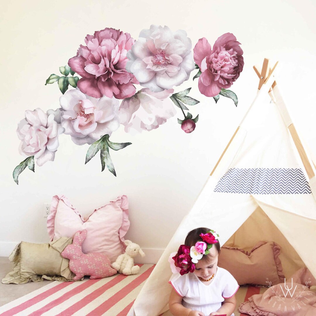 Watercolor Peony Wall Decal – Blush Floral Sticker for Nursery, Baby ...