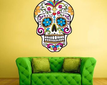 Sugar Skull Wall Decal – Day of the Dead Vinyl Sticker, Mexican Decor, Removable Wall Art Bedroom,  Dia de los Muertos Decor col299