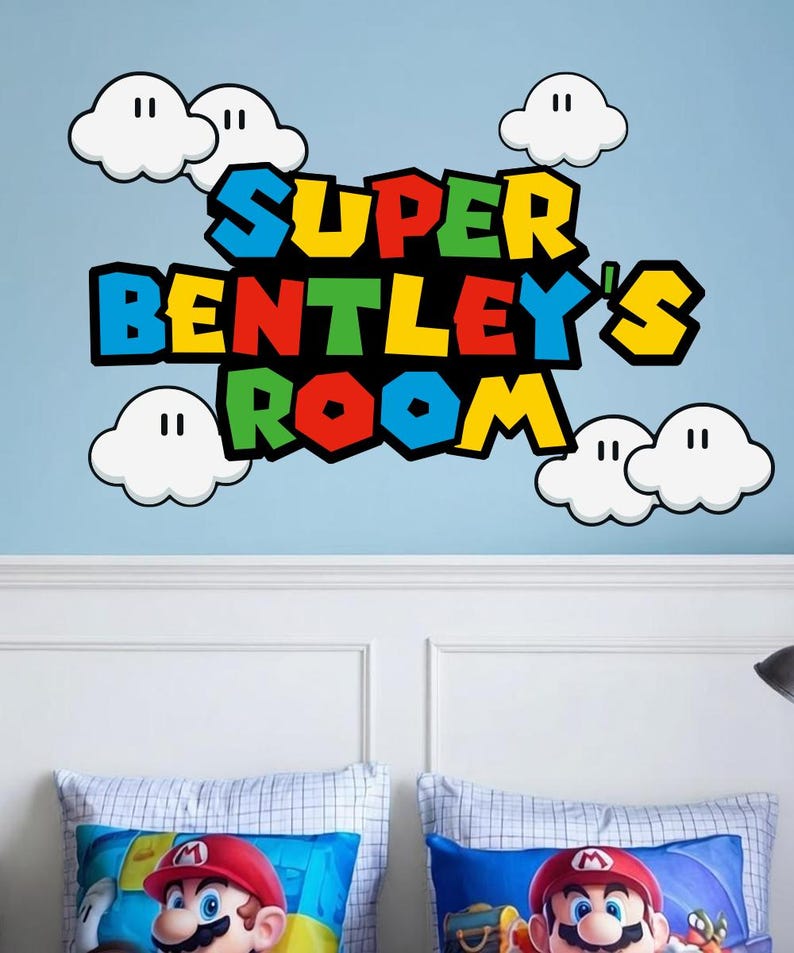 Mario Personalized Name Wall Decal Color Bricks Sticker Clouds - Etsy